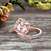 Trio Set 10k Rose Gold 2 Carat Morganite Wedding Set Engagement Ring Antique Stacking Matching Band Art Deco