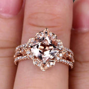 Trio Set 10k Rose Gold 2 Carat Morganite Wedding Set Engagement Ring Antique Stacking Matching Band Art Deco