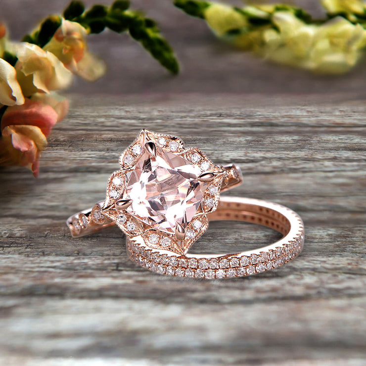 Trio Set 10k Rose Gold 2 Carat Morganite Wedding Set Engagement Ring Antique Stacking Matching Band Art Deco