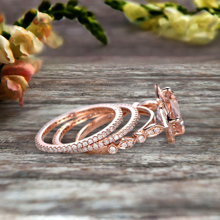 Trio Set 10k Rose Gold 2 Carat Morganite Wedding Set Engagement Ring Antique Stacking Matching Band Art Deco