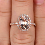 10k Rose Gold 1.50 Carat Morganite Halo Engagement Ring Oval Cut Anniversary Ring Art Deco