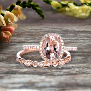 1.75 Carat Morganite Wedding Set Engagement Ring Oval Shaped Art Deco Bridal Ring On 10k  Rose Gold 