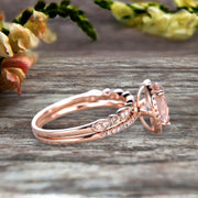 1.75 Carat Morganite Wedding Set Engagement Ring Oval Shaped Art Deco Bridal Ring On 10k  Rose Gold 