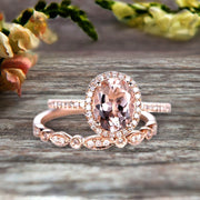 1.75 Carat Morganite Wedding Set Engagement Ring Oval Shaped Art Deco Bridal Ring On 10k  Rose Gold 