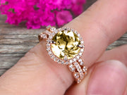 14k Rose Gold 2 Carat Round Cut Champagne Diamond Moissanite Trio Set Engagement Ring Halo Stacking Matching Band