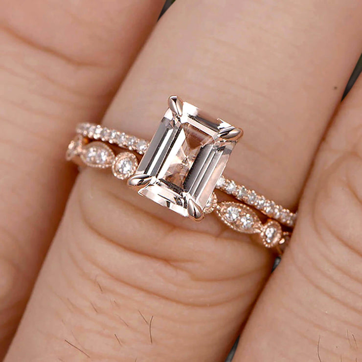 1.50 Carat Emerald Cut Art Deco Morganite 10k Rose Gold Wedding Set Engagement Ring Anniversar Ring Surprisingly