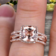 Trio Set 2 Carat Cushion Cut Morganite 10k Rose Gold Wedding Set Bridal Ring Infinity Stacking Matching Band Art Deco