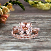 Trio Set 2 Carat Cushion Cut Morganite 10k Rose Gold Wedding Set Bridal Ring Infinity Stacking Matching Band Art Deco