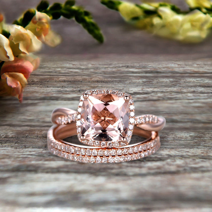 Trio Set 2 Carat Cushion Cut Morganite 10k Rose Gold Wedding Set Bridal Ring Infinity Stacking Matching Band Art Deco