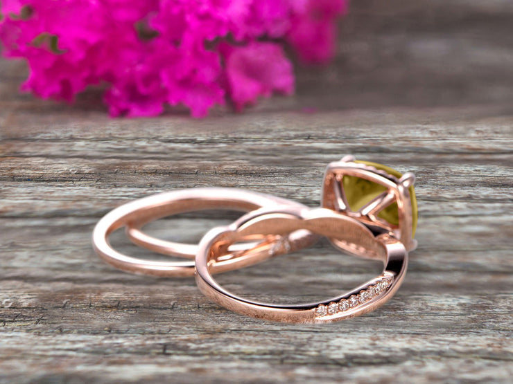 Trio Set 2 Carat Cushion Cut Champagne Diamond Moissanite 10k Rose Gold Wedding Set Bridal Ring Infinity Stacking Matching Band Art Deco