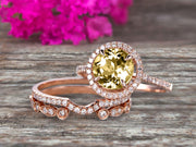 Milgrain Trio Set 2.25 Carat Champagne Diamond Moissanite 10k Rose Gold Wedding Set Round Cut Antique Art Deco Stacking Matching Band Anniversary gift Glaring