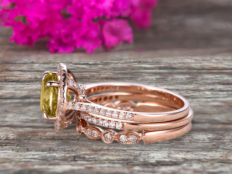 Milgrain Trio Set 2.25 Carat Champagne Diamond Moissanite 10k Rose Gold Wedding Set Round Cut Antique Art Deco Stacking Matching Band Anniversary gift Glaring