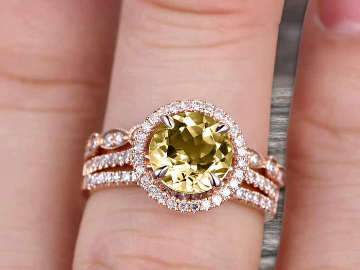 Milgrain Trio Set 2.25 Carat Champagne Diamond Moissanite 10k Rose Gold Wedding Set Round Cut Antique Art Deco Stacking Matching Band Anniversary gift Glaring