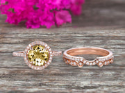 Milgrain Trio Set 2.25 Carat Champagne Diamond Moissanite 10k Rose Gold Wedding Set Round Cut Antique Art Deco Stacking Matching Band Anniversary gift Glaring