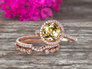 Milgrain Trio Set 2.25 Carat Champagne Diamond Moissanite 10k Rose Gold Wedding Set Round Cut Antique Art Deco Stacking Matching Band Anniversary gift Glaring