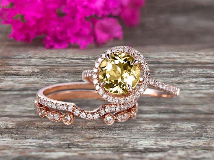 Milgrain Trio Set 2.25 Carat Champagne Diamond Moissanite 10k Rose Gold Wedding Set Round Cut Antique Art Deco Stacking Matching Band Anniversary gift Glaring