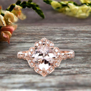 Milgrain Cushion Cut Morganite Engagement Ring 1.25 Carat Glaring Wedding Ring 10k Rose Gold Floral Art Deco