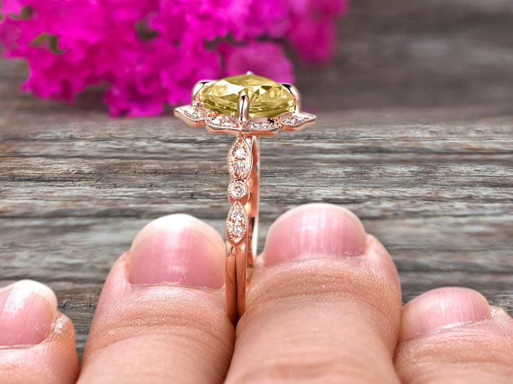 Milgrain Cushion Cut Champagne Diamond Moissanite Engagement Ring 1.25 Carat Glaring Wedding Ring 10k Rose Gold Floral Art Deco