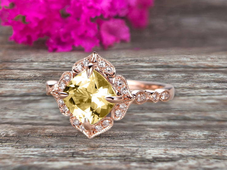 Milgrain Cushion Cut Champagne Diamond Moissanite Engagement Ring 1.25 Carat Glaring Wedding Ring 10k Rose Gold Floral Art Deco