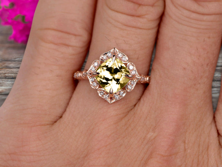 Milgrain Cushion Cut Champagne Diamond Moissanite Engagement Ring 1.25 Carat Glaring Wedding Ring 10k Rose Gold Floral Art Deco