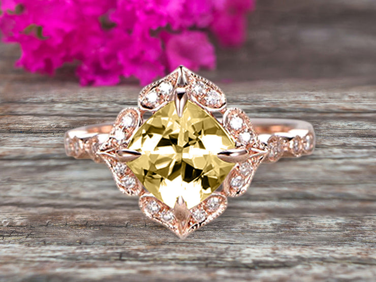 Milgrain Cushion Cut Champagne Diamond Moissanite Engagement Ring 1.25 Carat Glaring Wedding Ring 10k Rose Gold Floral Art Deco