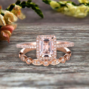 Halo Art Deco 1.75 Carat Emerald Cut Morganite Wedding Set Bridal Ring Engagement Ring Set On 10k Rose Gold Stacking Matching Band Anniversary Gift