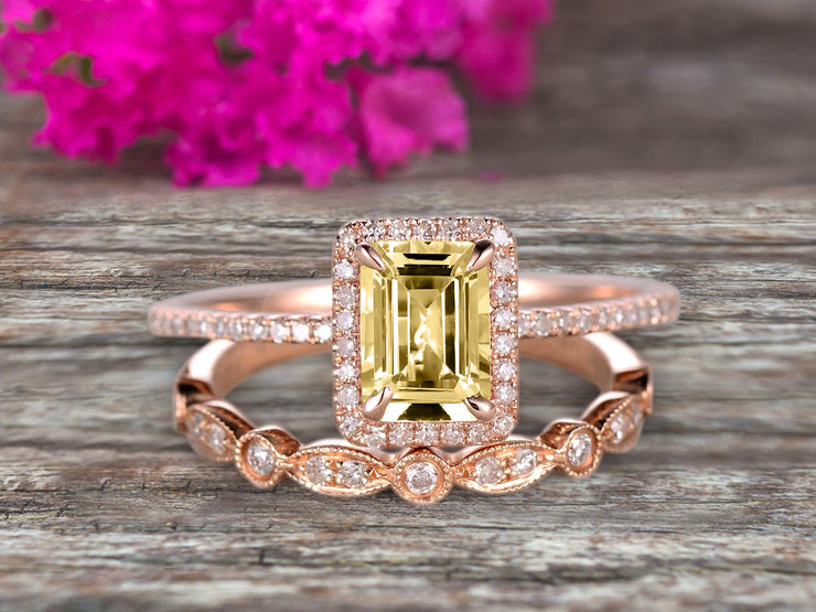 Halo Art Deco 1.75 Carat Emerald Cut Champagne Diamond Moissanite Wedding Set Bridal Ring Engagement Ring Set On 10k Rose Gold Stacking Matching Band Anniversary Gift