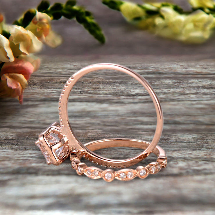 Halo Art Deco 1.75 Carat Emerald Cut Morganite Wedding Set Bridal Ring Engagement Ring Set On 10k Rose Gold Stacking Matching Band Anniversary Gift