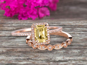 Halo Art Deco 1.75 Carat Emerald Cut Champagne Diamond Moissanite Wedding Set Bridal Ring Engagement Ring Set On 10k Rose Gold Stacking Matching Band Anniversary Gift