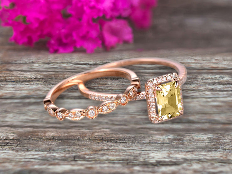 Halo Art Deco 1.75 Carat Emerald Cut Champagne Diamond Moissanite Wedding Set Bridal Ring Engagement Ring Set On 10k Rose Gold Stacking Matching Band Anniversary Gift