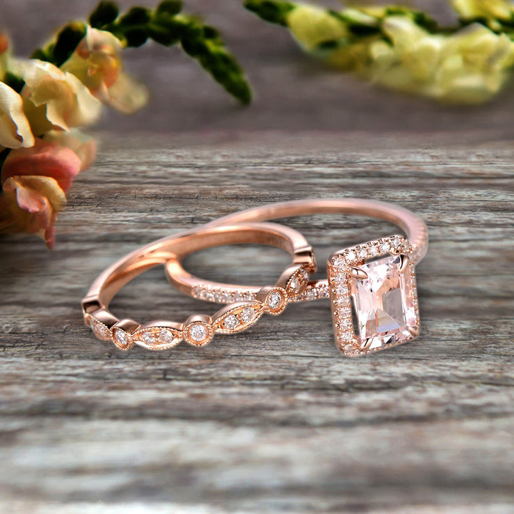 Halo Art Deco 1.75 Carat Emerald Cut Morganite Wedding Set Bridal Ring Engagement Ring Set On 10k Rose Gold Stacking Matching Band Anniversary Gift