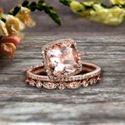 Art Deco 2 Carat Cushion Cut Morganite Wedding Ring Set On 10k Rose Gold Engagement Ring  Matching Wedding Band Imaginative Gift