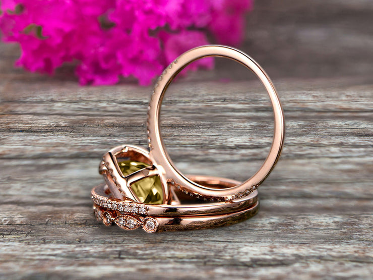 Art Deco 2 Carat Cushion Cut Champagne Diamond Moissanite Wedding Ring Set On 10k Rose Gold Engagement Ring Matching Wedding Band Imaginative Gift