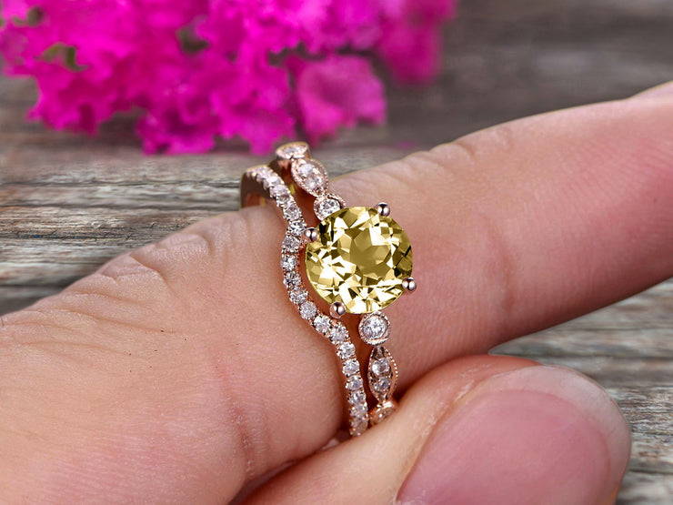 1.50 Carat Champagne Diamond Moissanite Rose Gold Wedding Set Bridal Ring Art Deco Halo Stacking Matching Band Round Cut Gemstone Astonishing Looking Anniversary Gift