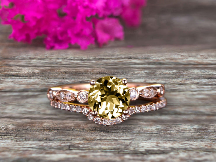 1.50 Carat Champagne Diamond Moissanite Rose Gold Wedding Set Bridal Ring Art Deco Halo Stacking Matching Band Round Cut Gemstone Astonishing Looking Anniversary Gift