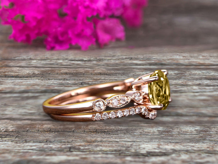 1.50 Carat Champagne Diamond Moissanite Rose Gold Wedding Set Bridal Ring Art Deco Halo Stacking Matching Band Round Cut Gemstone Astonishing Looking Anniversary Gift
