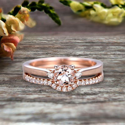 Startling 1.50 Carat Morganite Round Cut  10k Rose Gold Engagement Ring Anniversary Gift Wedding Set Curved Eternity Ring