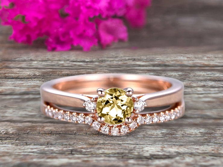 Startling 1.50 Carat Champagne Diamond Moissanite Round Cut 10k Rose Gold Engagement Ring Anniversary Gift Wedding Set Curved Eternity Ring