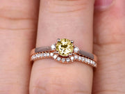 Startling 1.50 Carat Champagne Diamond Moissanite Round Cut 10k Rose Gold Engagement Ring Anniversary Gift Wedding Set Curved Eternity Ring