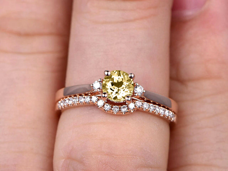 Startling 1.50 Carat Champagne Diamond Moissanite Round Cut 10k Rose Gold Engagement Ring Anniversary Gift Wedding Set Curved Eternity Ring