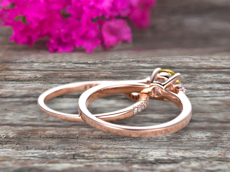 Startling 1.50 Carat Champagne Diamond Moissanite Round Cut 10k Rose Gold Engagement Ring Anniversary Gift Wedding Set Curved Eternity Ring