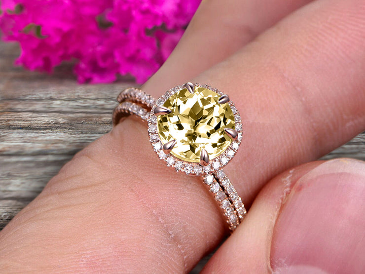 1.75 Carat Round Champagne Diamond Moissanite Bridal Set 10k Rose Gold Engagement Ring Halo Stacking Matching Band Promise Ring Anniversary Ring Surprisingly Ring