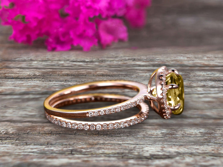 1.75 Carat Round Champagne Diamond Moissanite Bridal Set 10k Rose Gold Engagement Ring Halo Stacking Matching Band Promise Ring Anniversary Ring Surprisingly Ring