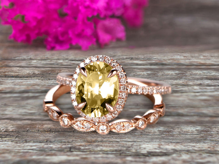 Milgrain 1.75 Carat Oval Cut Champagne Diamond Moissanite Wedding Set Bridal Ring On 10k Rose Gold Halo Art Deco Stacking Matching Band Glaring Shining Startling Staggering
