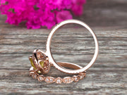Milgrain 1.75 Carat Oval Cut Champagne Diamond Moissanite Wedding Set Bridal Ring On 10k Rose Gold Halo Art Deco Stacking Matching Band Glaring Shining Startling Staggering