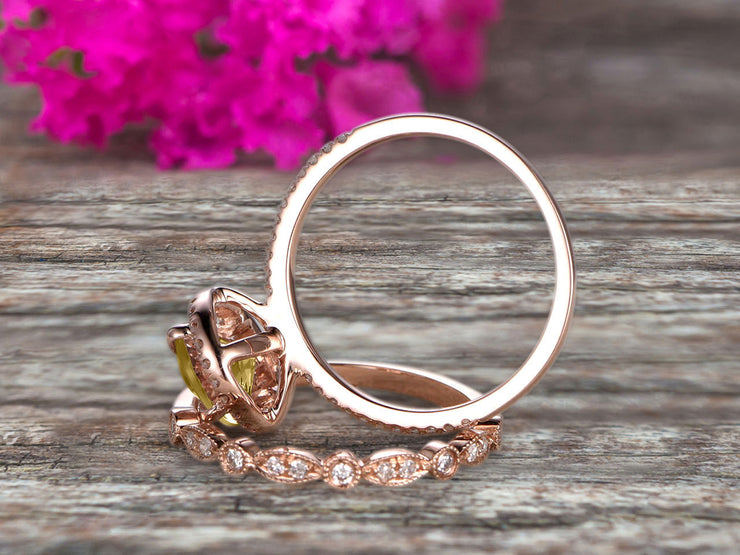 Milgrain 1.75 Carat Oval Cut Champagne Diamond Moissanite Wedding Set Bridal Ring On 10k Rose Gold Halo Art Deco Stacking Matching Band Glaring Shining Startling Staggering
