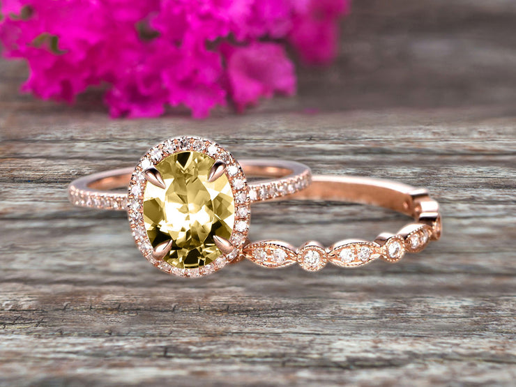 Milgrain 1.75 Carat Oval Cut Champagne Diamond Moissanite Wedding Set Bridal Ring On 10k Rose Gold Halo Art Deco Stacking Matching Band Glaring Shining Startling Staggering