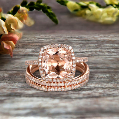 Trio Set 2 Carat Cushion Cut Morganite Wedding Set Engagement Ring Bridal Ring Anniversary Ring On 10k Rose Gold Halo Glaring Staggering