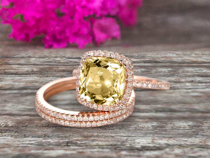 Trio Set 2 Carat Cushion Cut Champagne Diamond Moissanite Wedding Set Engagement Ring Bridal Ring Anniversary Ring On 10k Rose Gold Halo Glaring Staggering