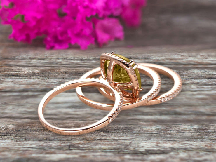 Trio Set 2 Carat Cushion Cut Champagne Diamond Moissanite Wedding Set Engagement Ring Bridal Ring Anniversary Ring On 10k Rose Gold Halo Glaring Staggering